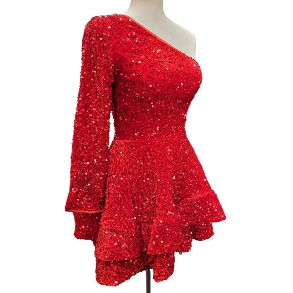 NWT Bright Red Size 2 Asymmetric One Long Sleeve Short Sequin Dress - Picture 12 of 13